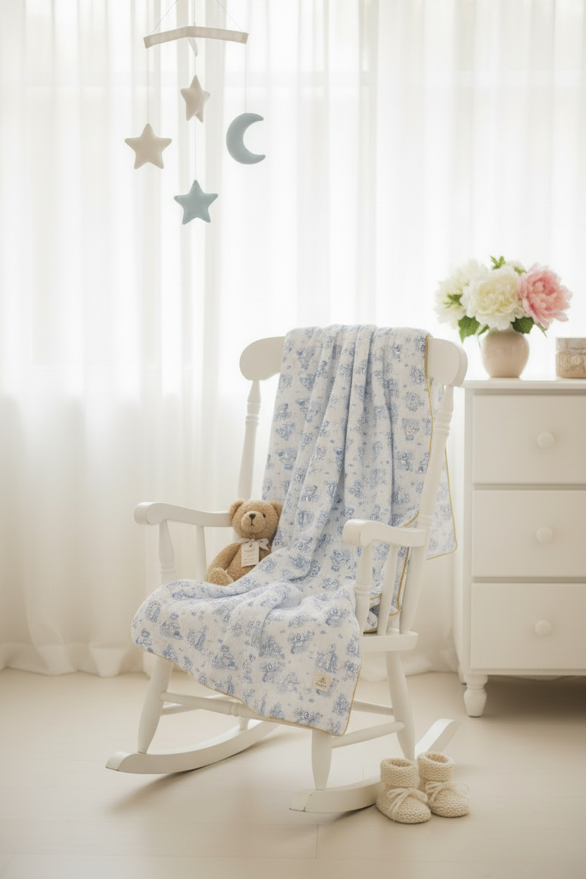 Couverture mi-saison bleue Toile de Jouy
